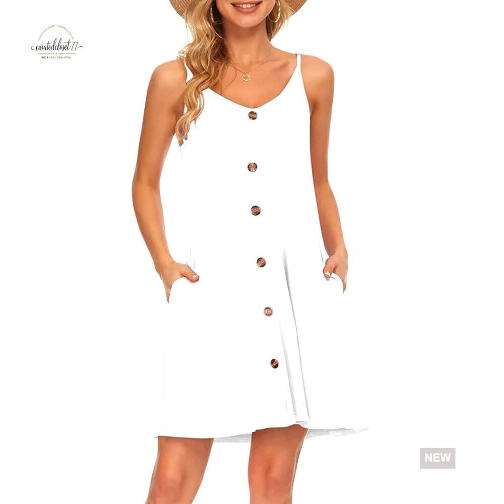 Summer Spaghetti Strap V-Neck Button Down Cover Up Dress with Pockets